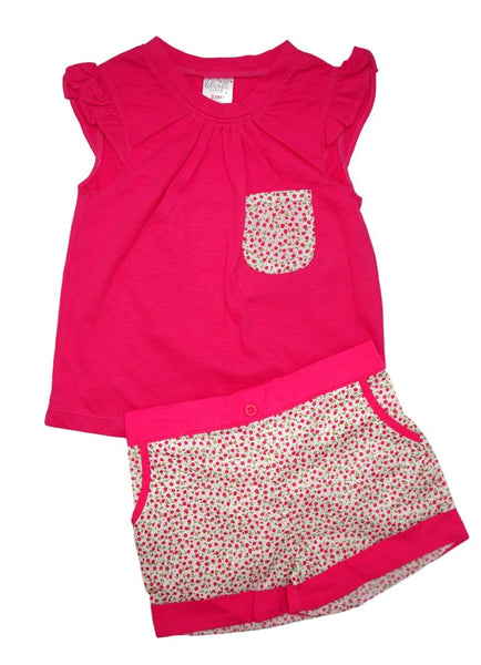 Cotton Tee and Shorts Set - Dark Pink Floral